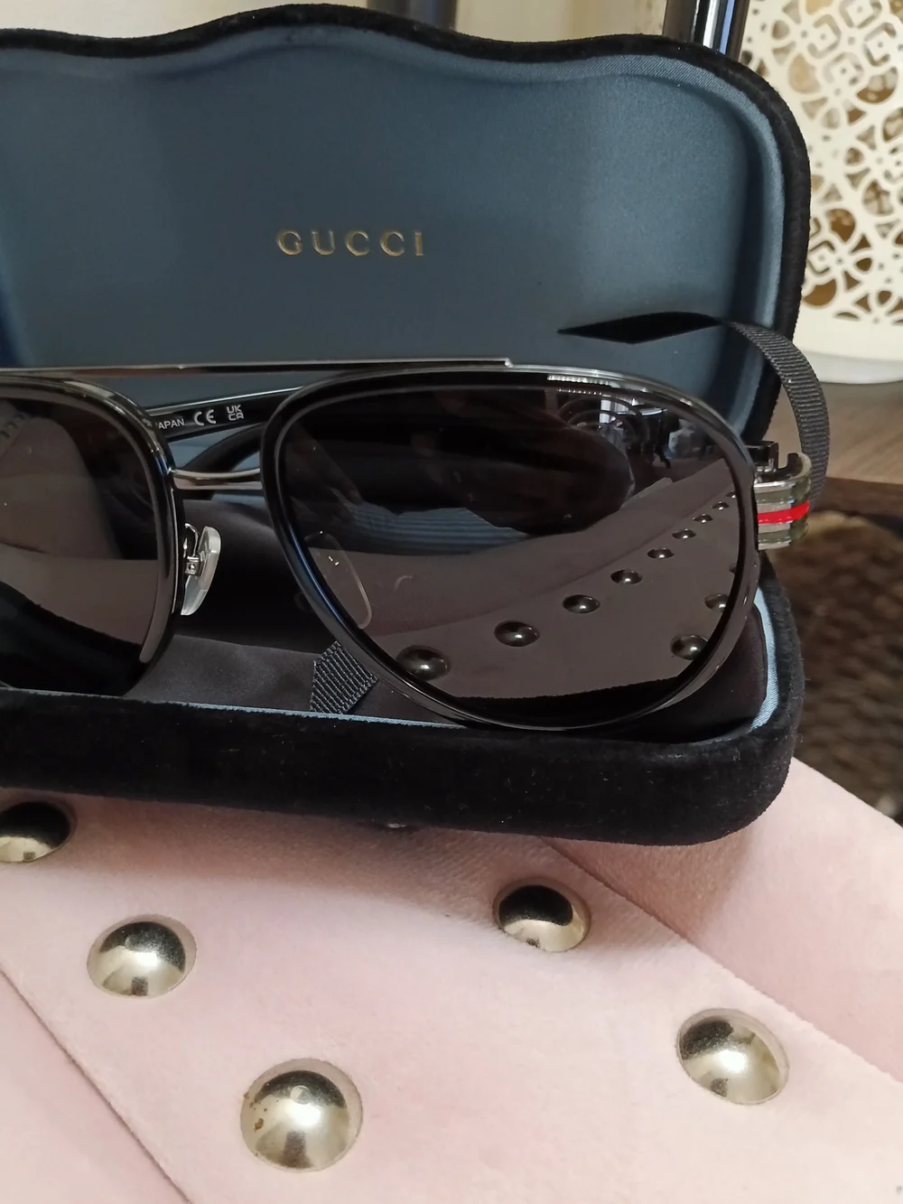 Gucci GG0447S 001 Black Aviator Sunglasses with Green and Red Temple Stripes